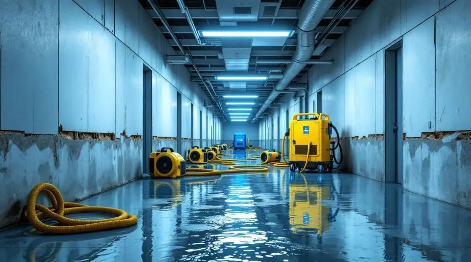 Professional restoration technicians operating industrial-grade water extraction equipment in a large Honolulu commercial lobby.