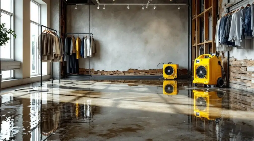 Professional restoration technicians using industrial water extractors on a flooded luxury retail showroom floor in Honolulu.