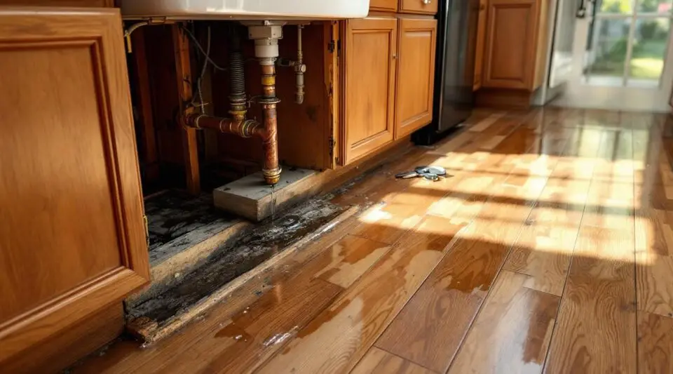 A professional restoration technician using a thermal imaging camera to detect moisture behind kitchen cabinets in a Honolulu home.