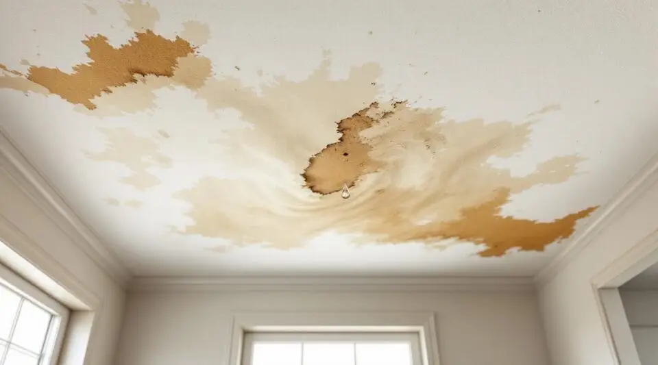 Professional restoration technician using a moisture meter on a water-stained ceiling in a Honolulu residential property.