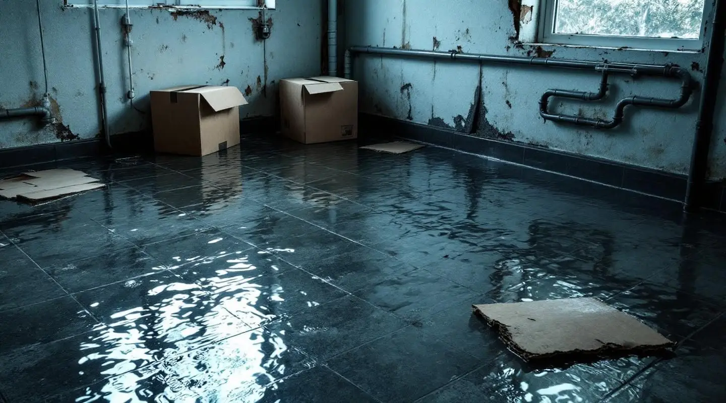 A professional restoration technician in safety gear using a high-powered water extractor in a flooded Honolulu basement.