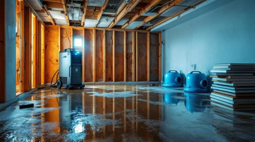 A restoration professional using a high-powered water extraction vacuum on a soaked residential carpet in a Honolulu home during an emergency flood response.
