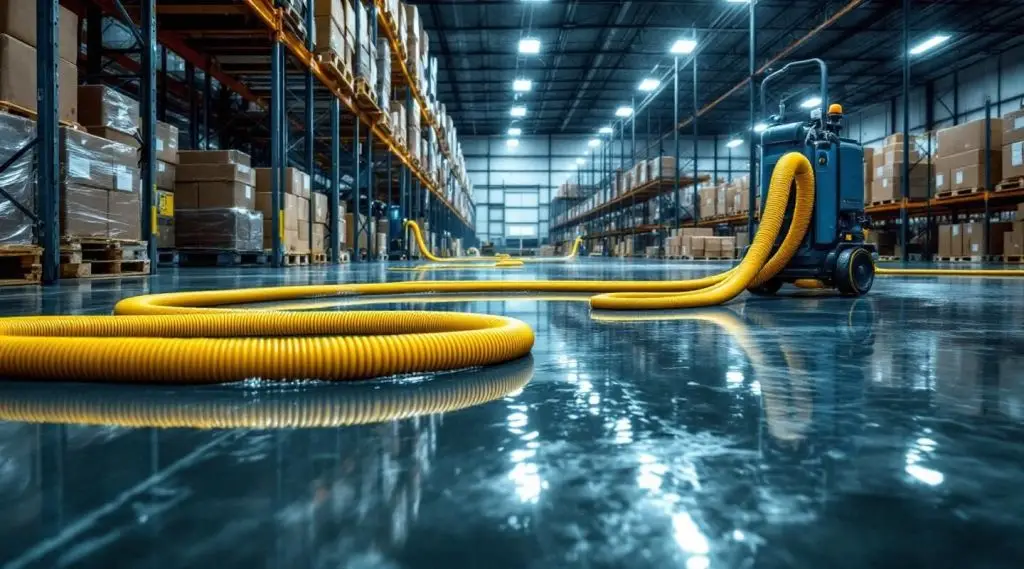 Professional restoration crew using industrial truck-mounted extractors on a flooded warehouse floor in Honolulu.