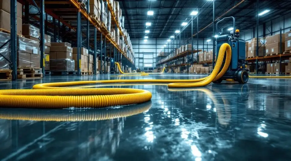 Professional restoration crew using industrial truck-mounted extractors on a flooded warehouse floor in Honolulu.