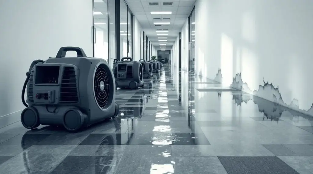 Commercial restoration crew deploying industrial dehumidifiers and water extractors in a flooded Honolulu office suite.
