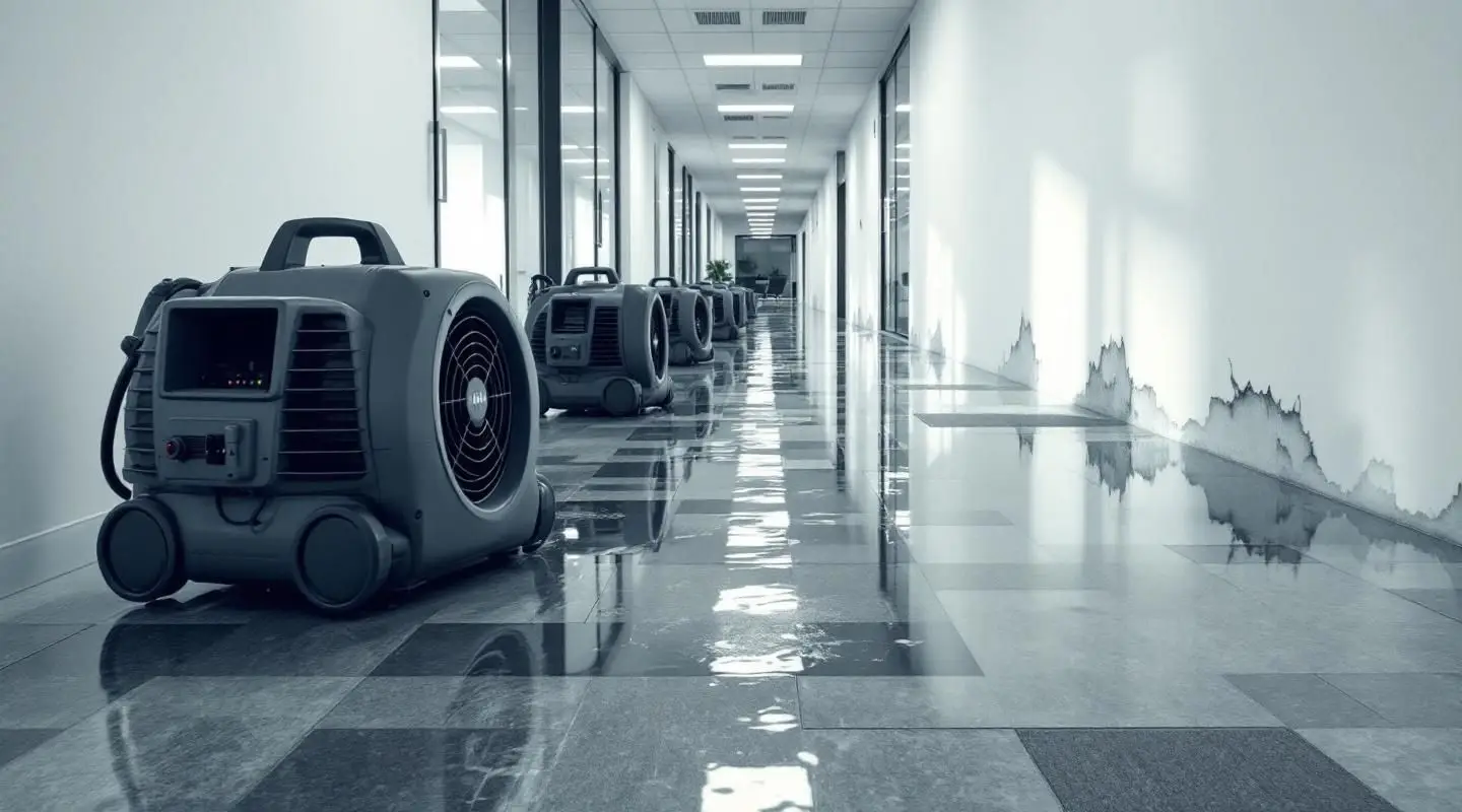 Commercial restoration crew deploying industrial dehumidifiers and water extractors in a flooded Honolulu office suite.