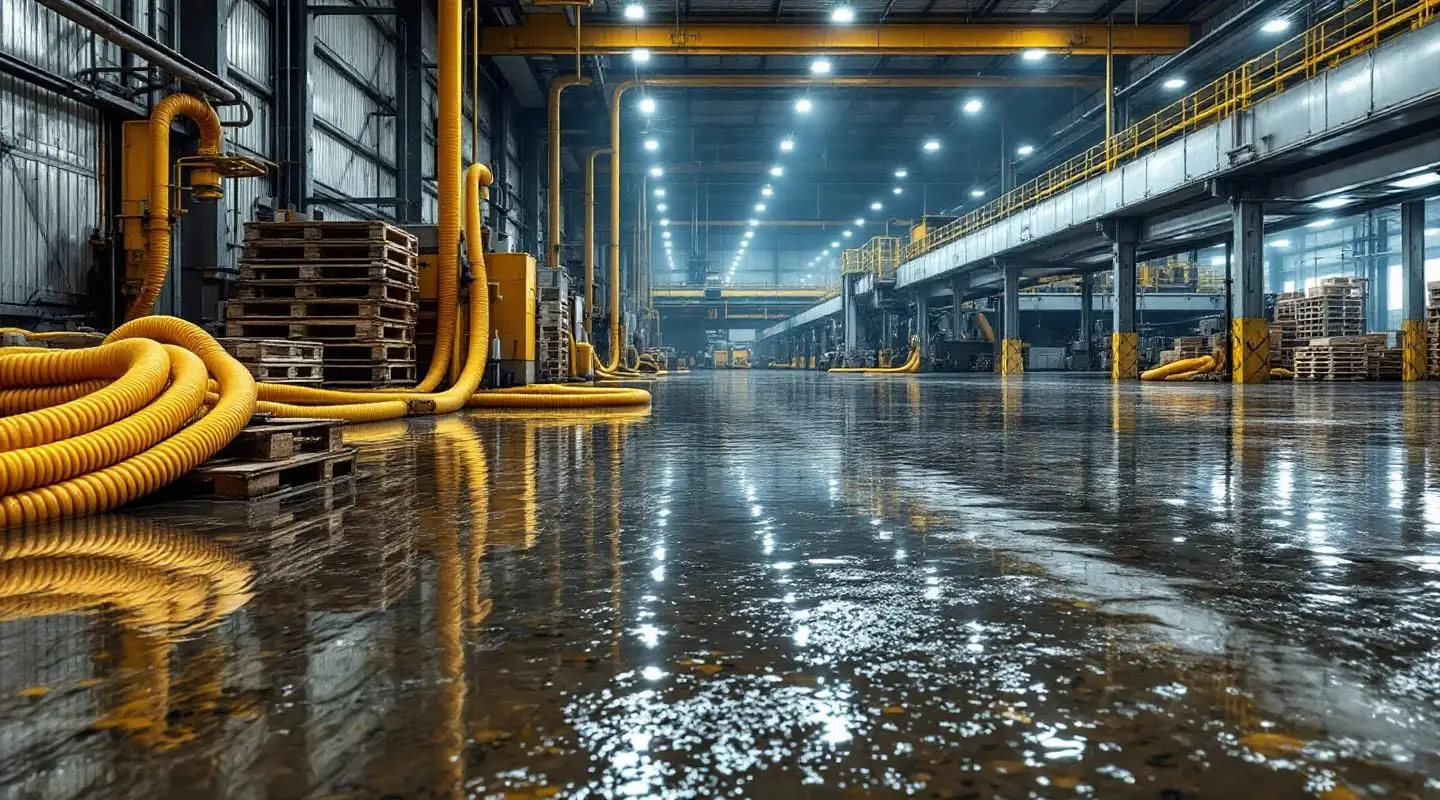 Professional restoration crew using high-capacity water extractors in a flooded Honolulu warehouse at night.