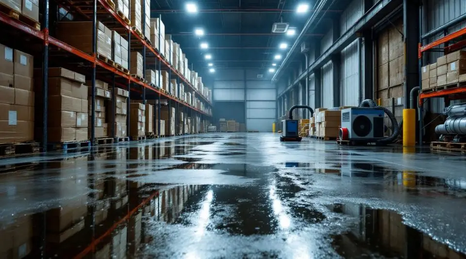 Industrial water extraction and desiccant dehumidifiers drying a large flooded warehouse floor in Honolulu.