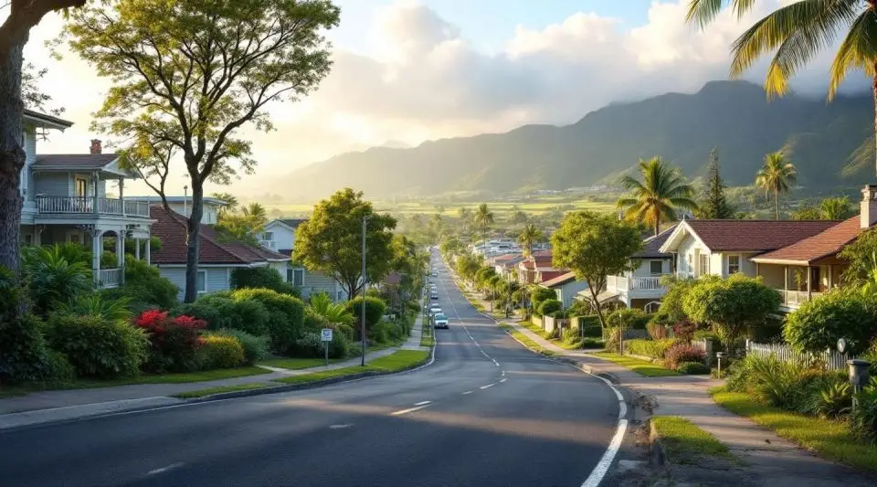 A professional restoration vehicle parked near a Waipio Gentry residential street with the Koolau Range in the distance.