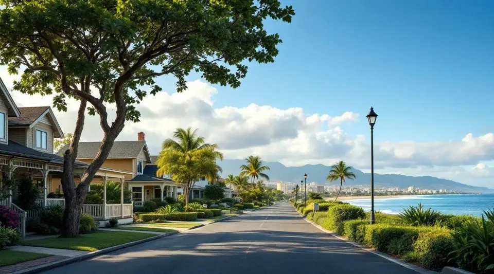 A professional restoration vehicle parked on a residential street in Makakilo at dusk with the Waianae Range in the background.