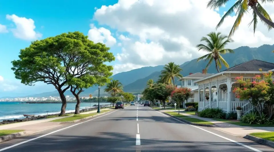 A professional restoration vehicle parked near a plantation-style home in Waimanalo with the Ko'olau Range in the background.