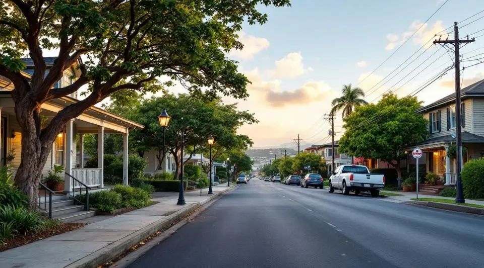 A residential street in Ahuimanu at dusk with the lush Ko'olau mountains in the background and a restoration van parked.