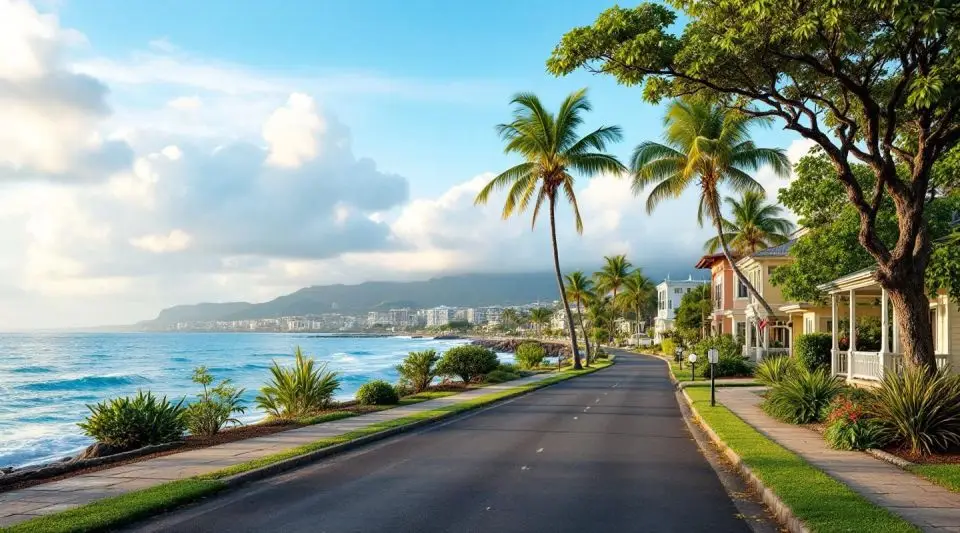 A professional restoration vehicle parked on a residential street in Ewa Beach near Ocean Pointe, with palm trees and modern slab-on-grade homes in the background.