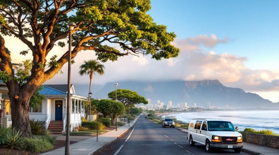 A professional restoration van parked near a Mililani townhome complex with lush tropical greenery and damp asphalt.