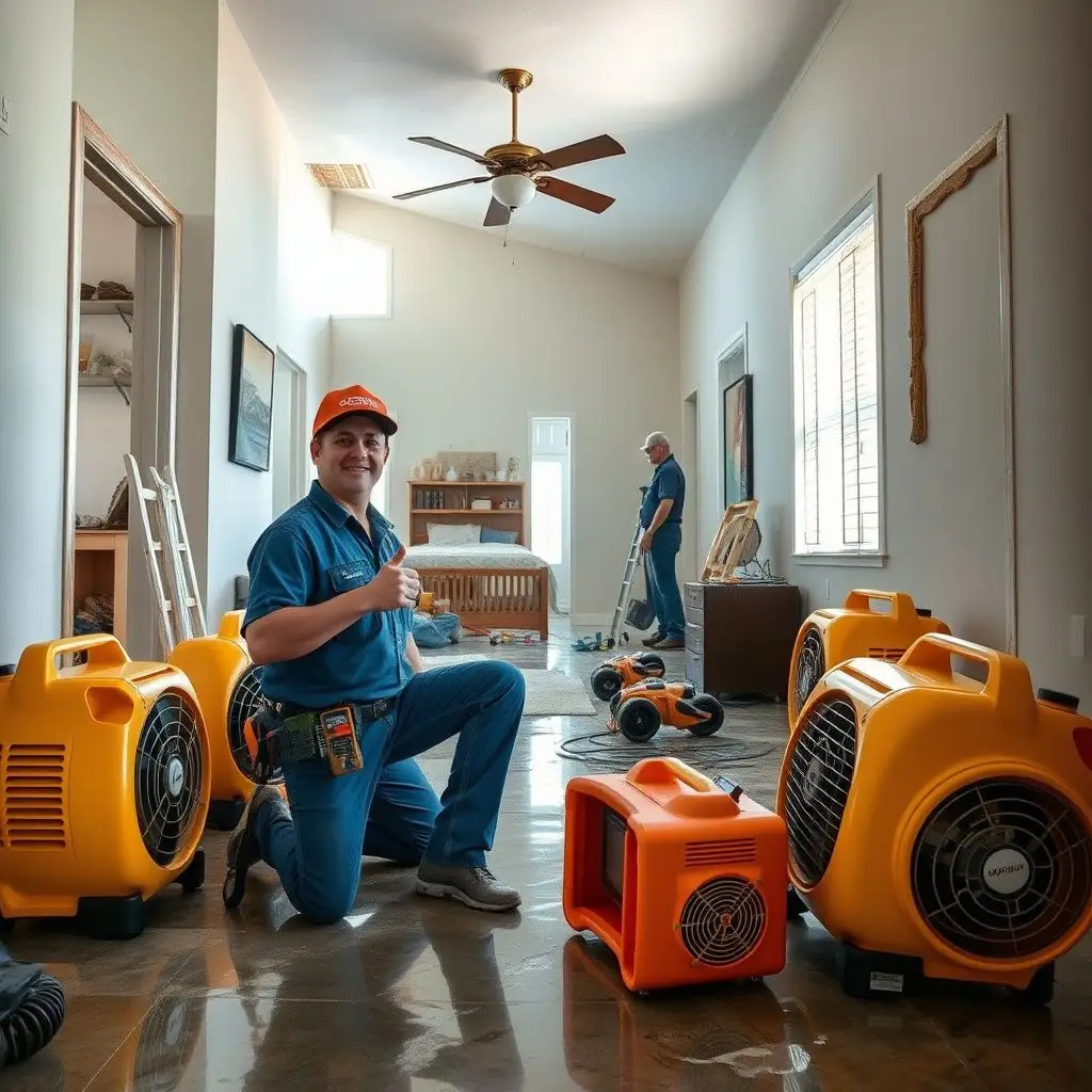 A professional dehumidifier and air mover setup inside a Honolulu home to dry out water-damaged drywall.
